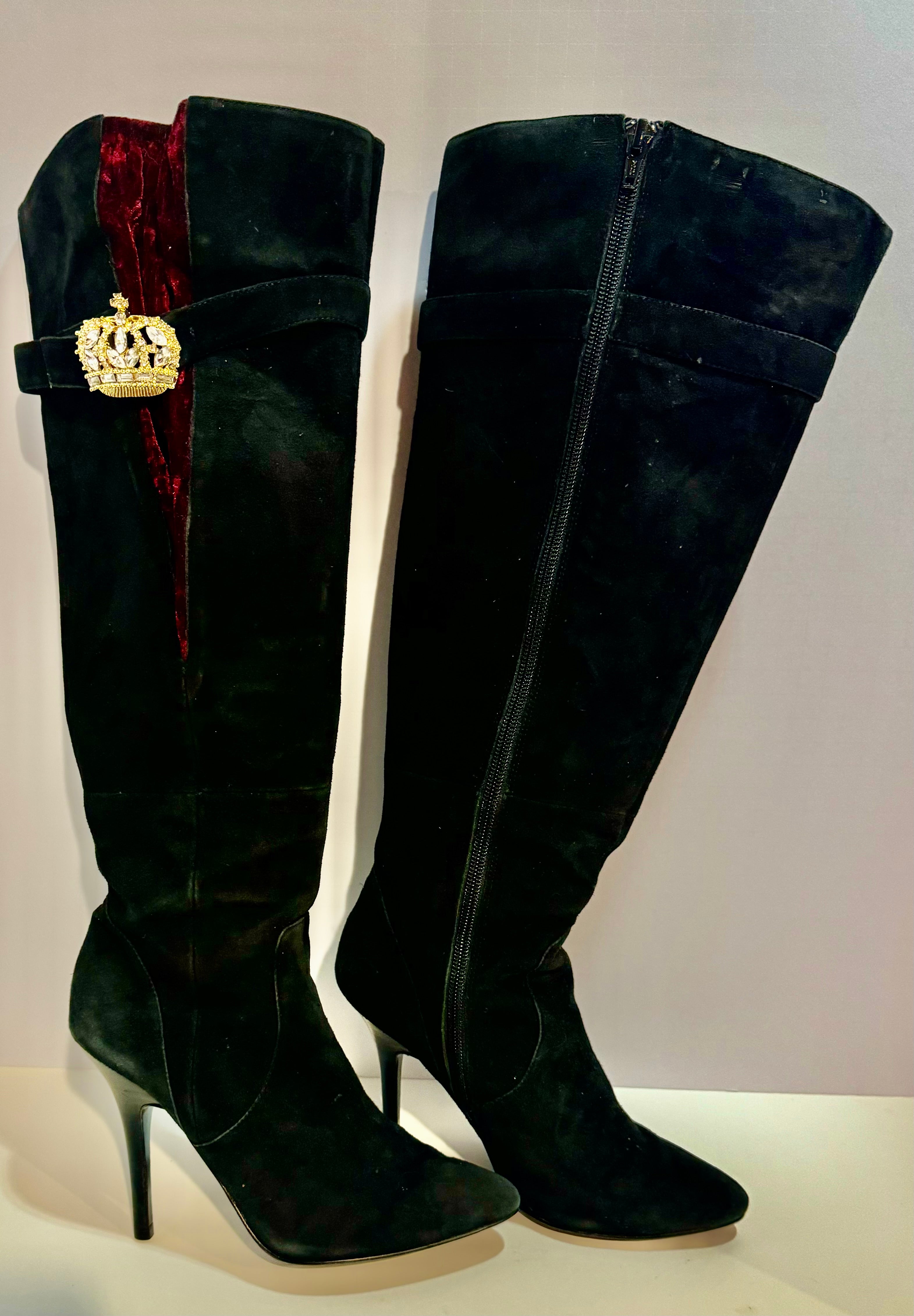 Vintage faux leather and velvet high heel knee high boots