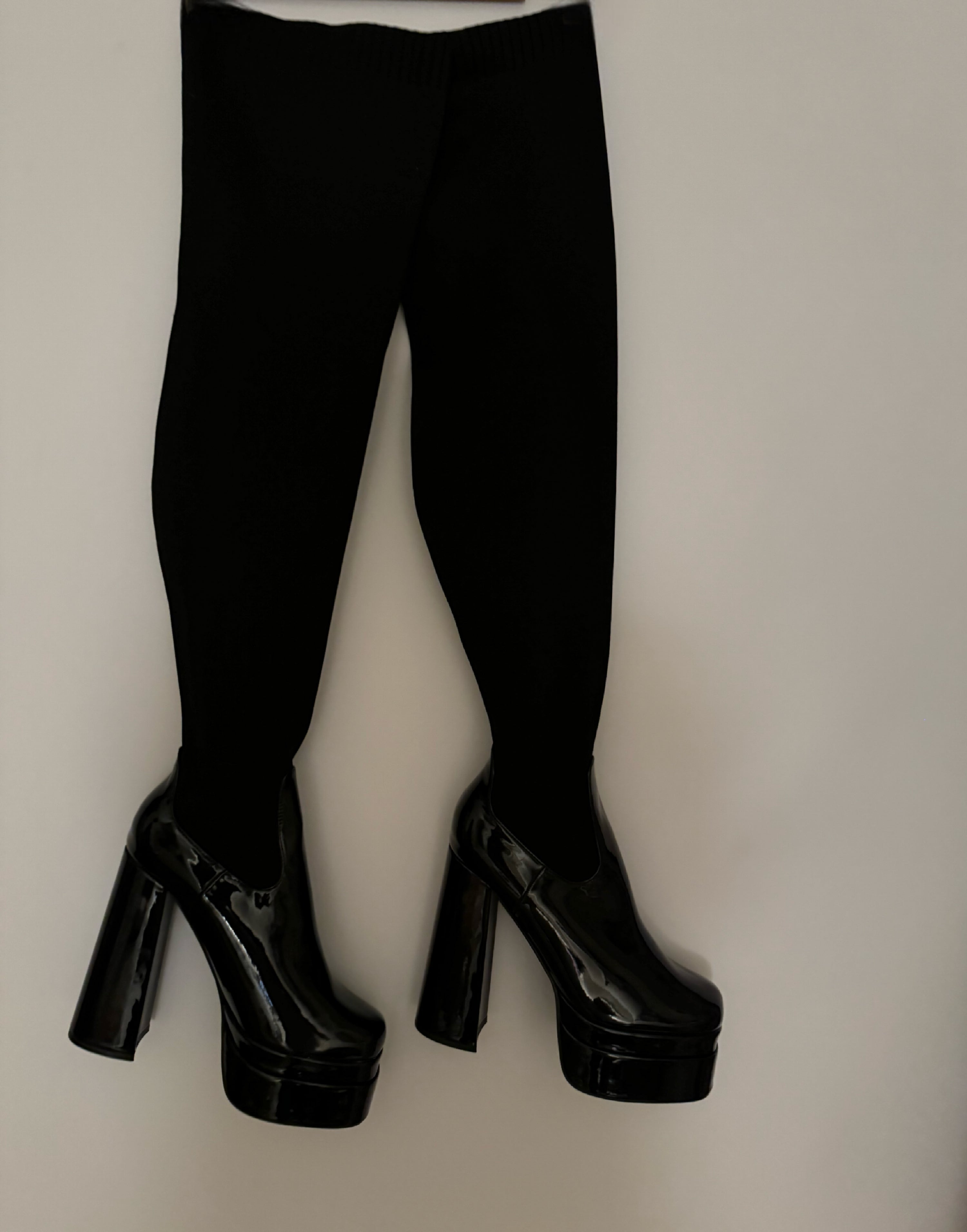 Knit and Patton, leather stretch stay up chunky heel  thigh high boots.