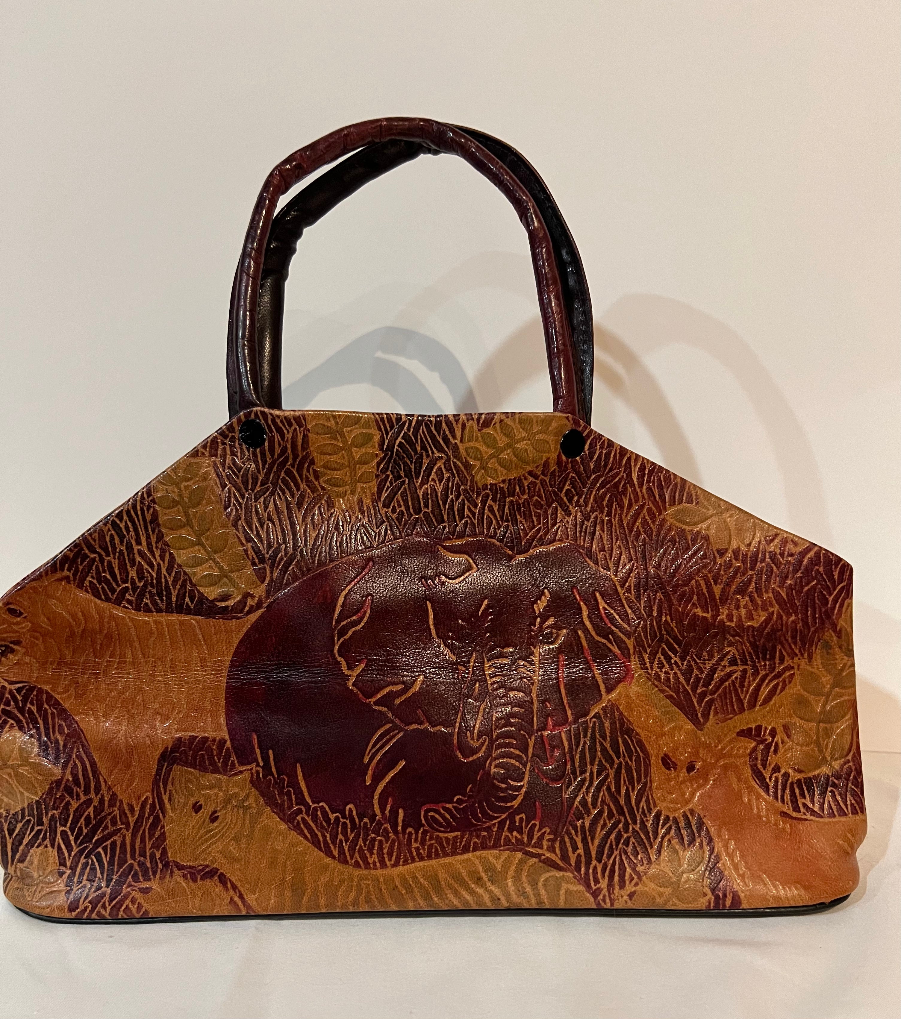 Vintage hand carved and painted leather handbag