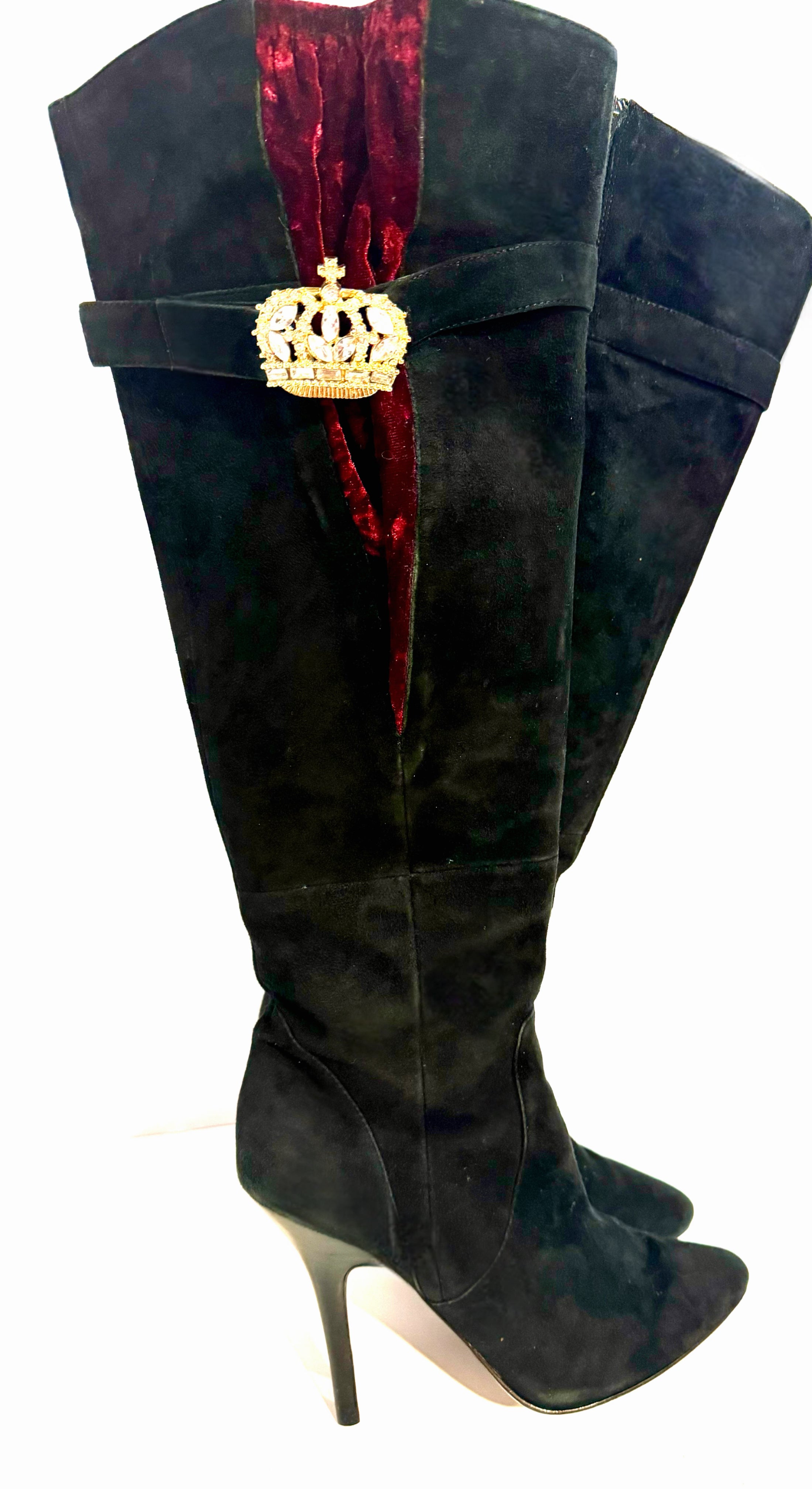 Vintage faux leather and velvet high heel knee high boots