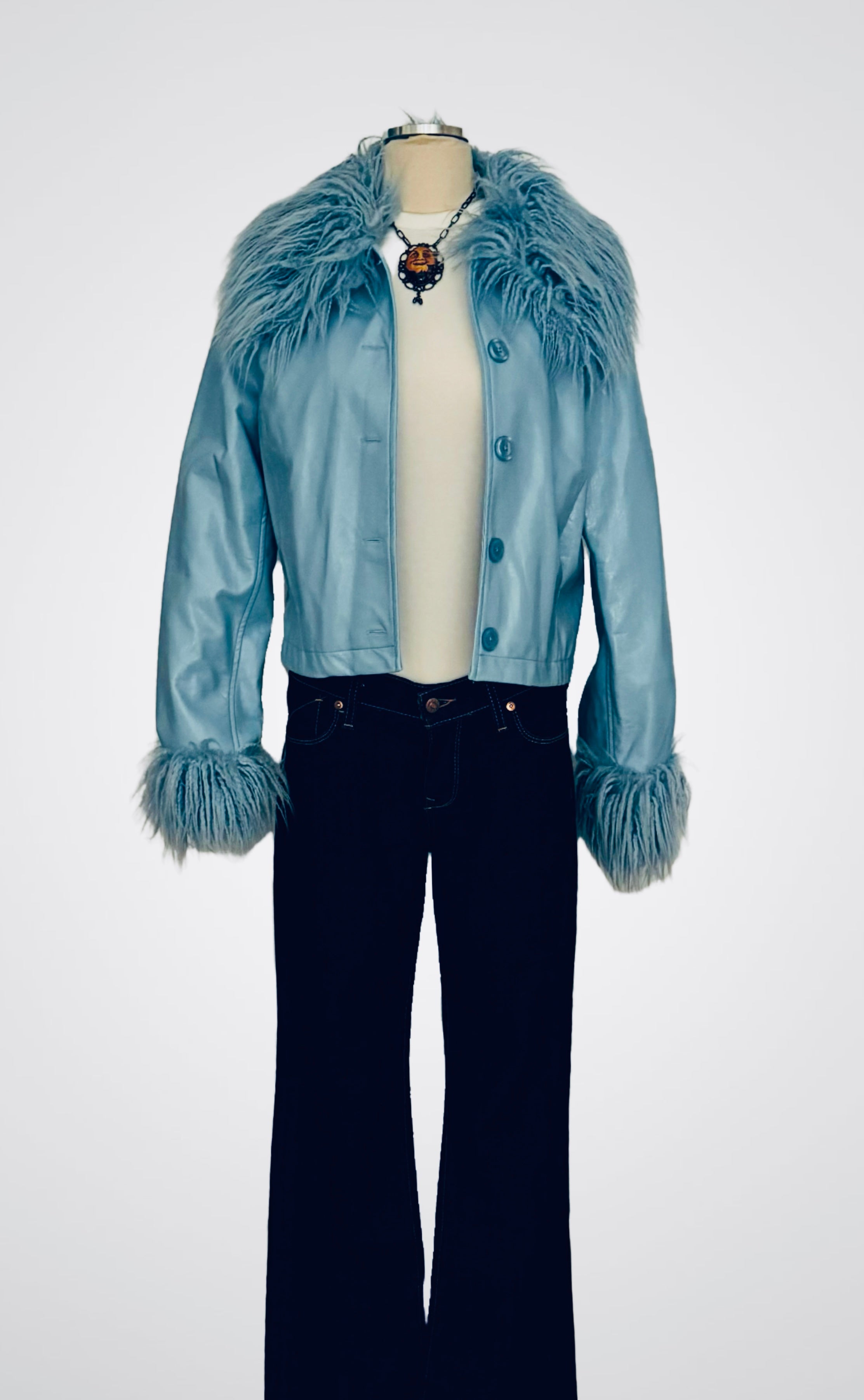 Baby blue pleather fur trimmed jacket