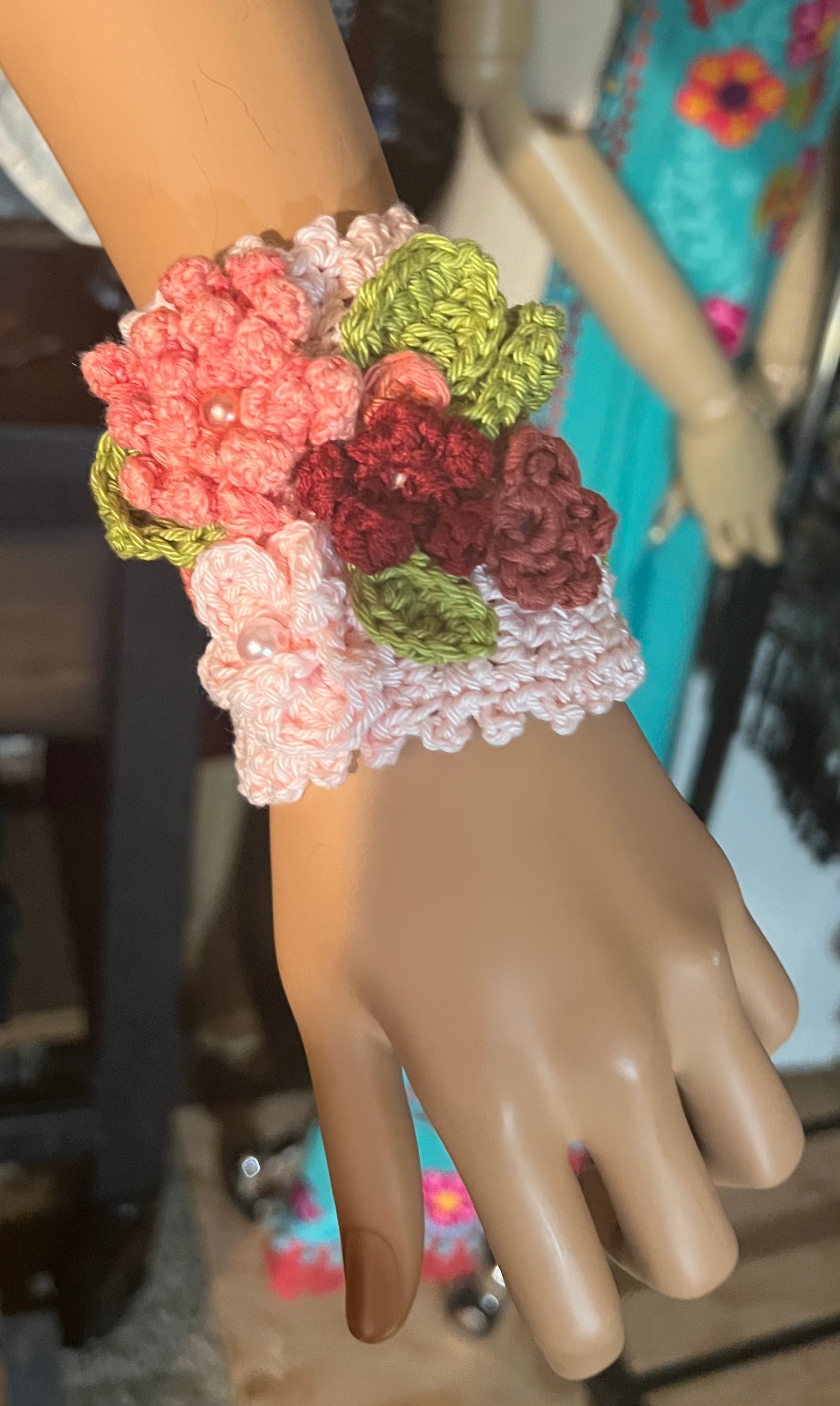 Hand crochet flower bracelet. Made to order.