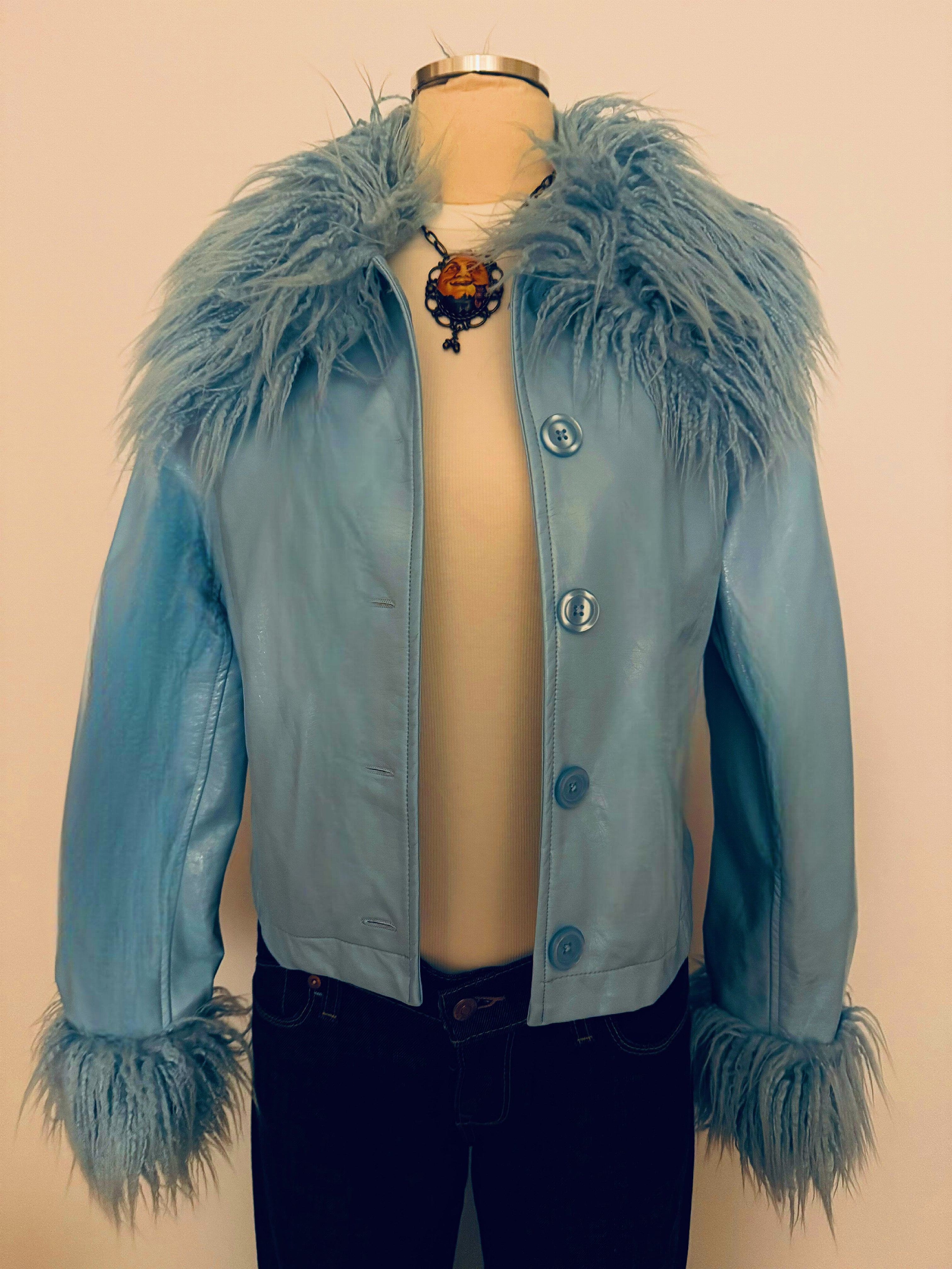 Baby blue pleather fur trimmed jacket