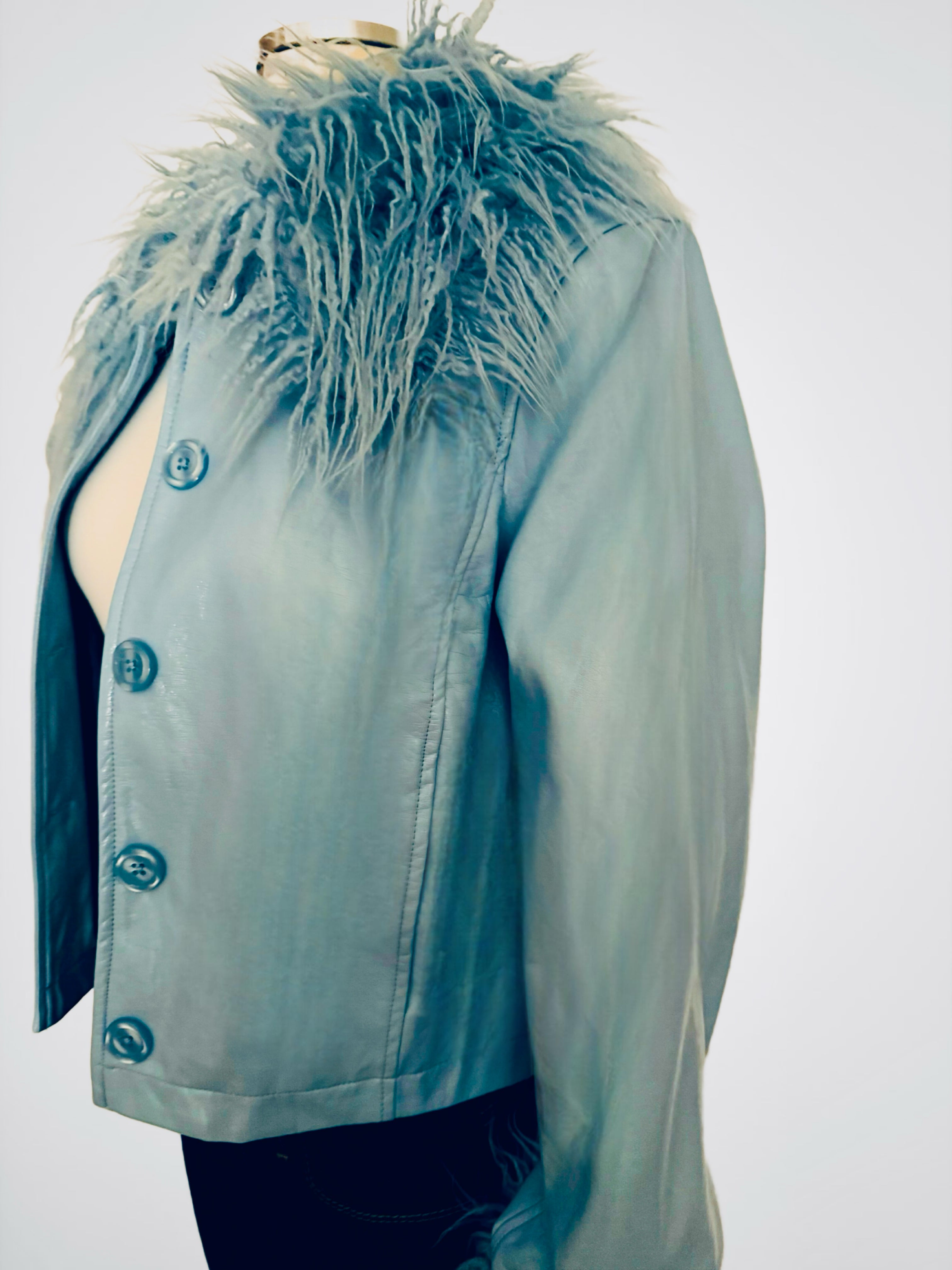 Baby blue pleather fur trimmed jacket