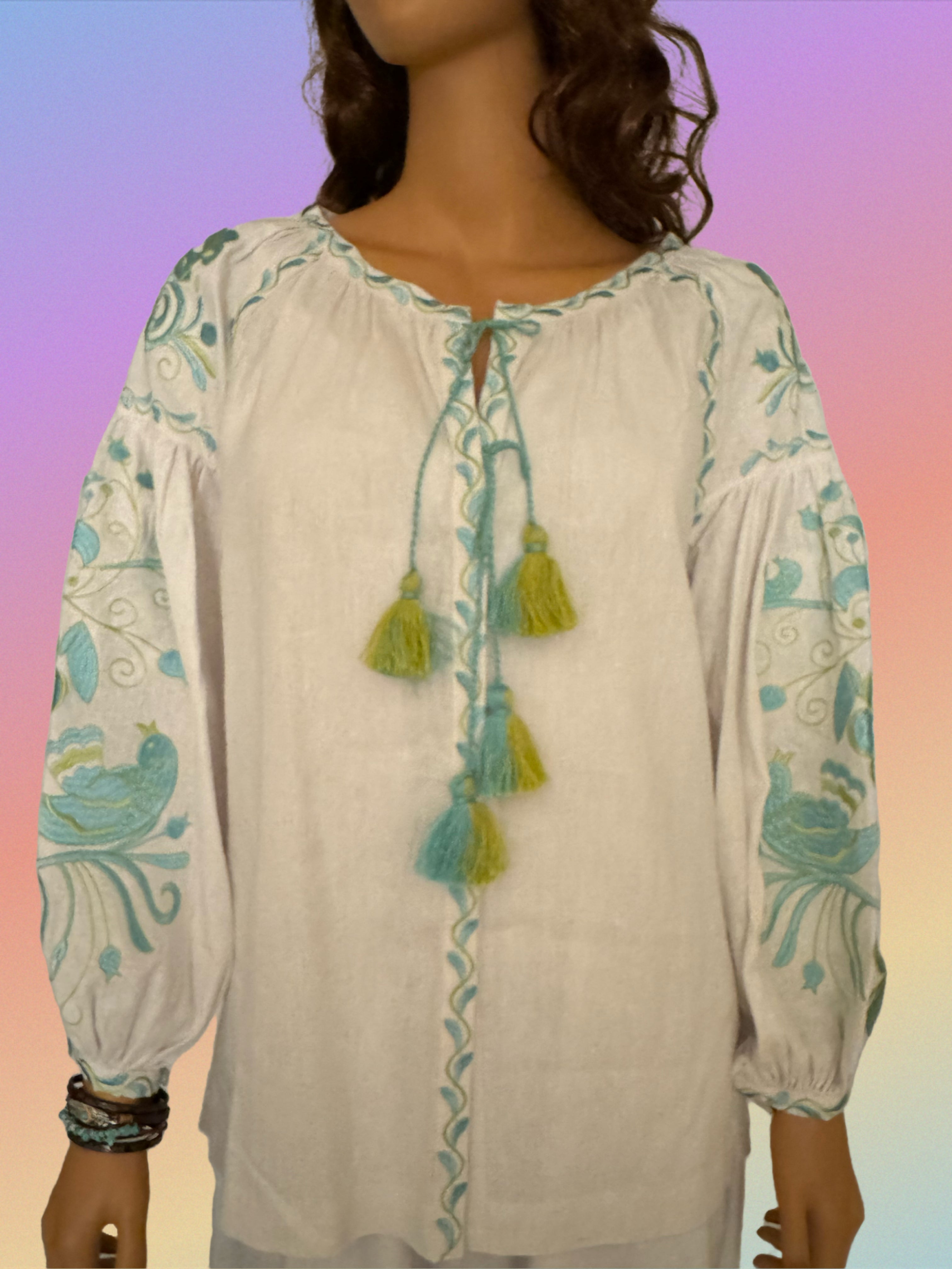 Traditional embroidered Romanian bohemian style blouse.