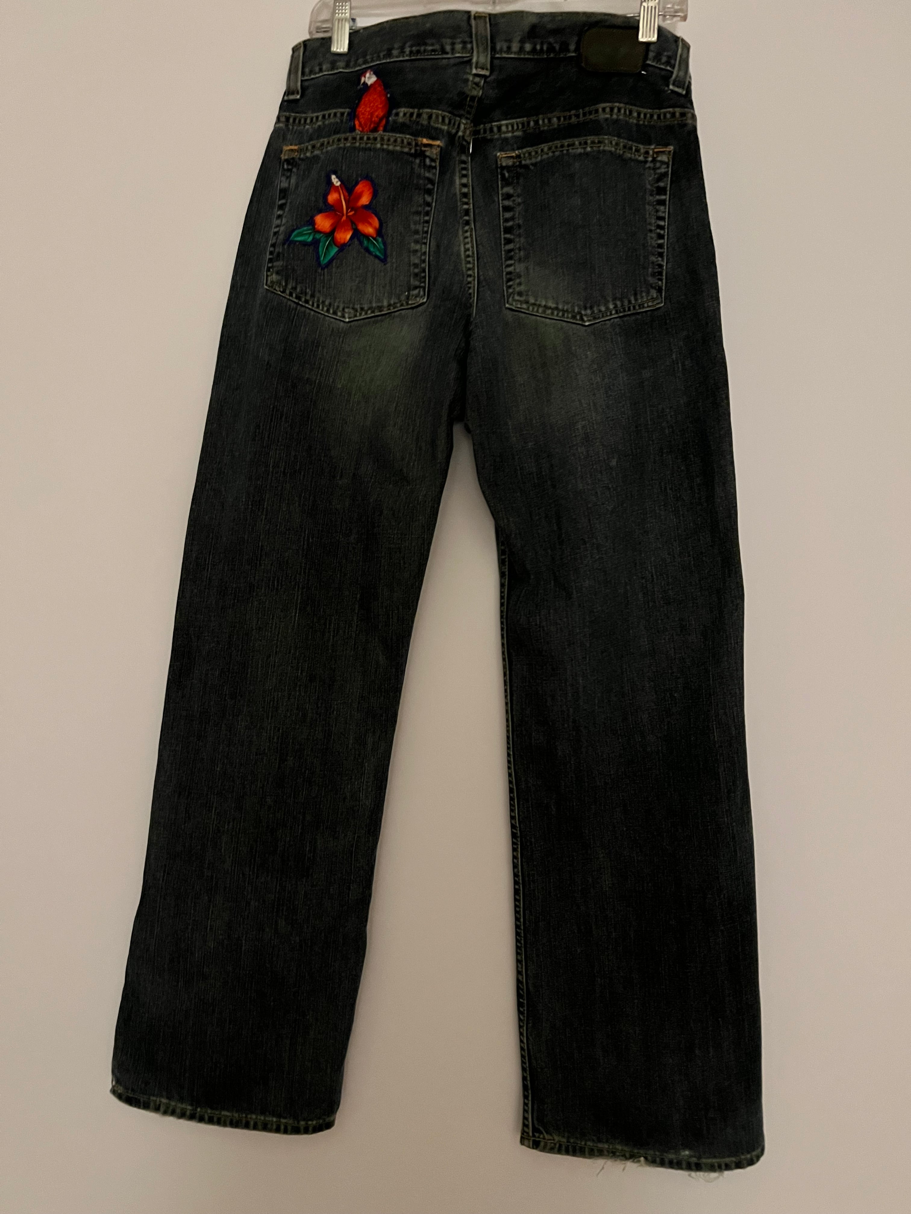 Repurposed deep indigo blue vintage jeans.