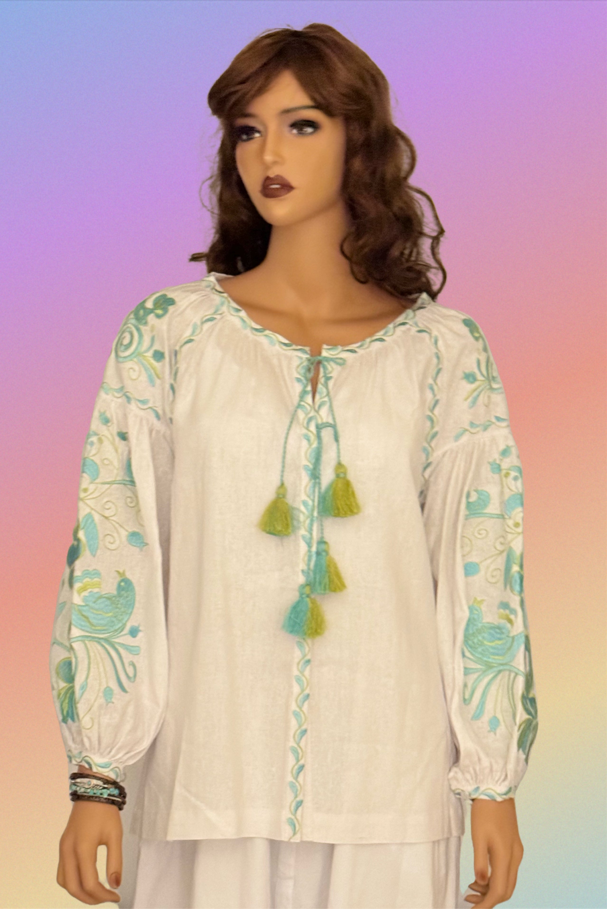 Traditional embroidered Romanian bohemian style blouse.